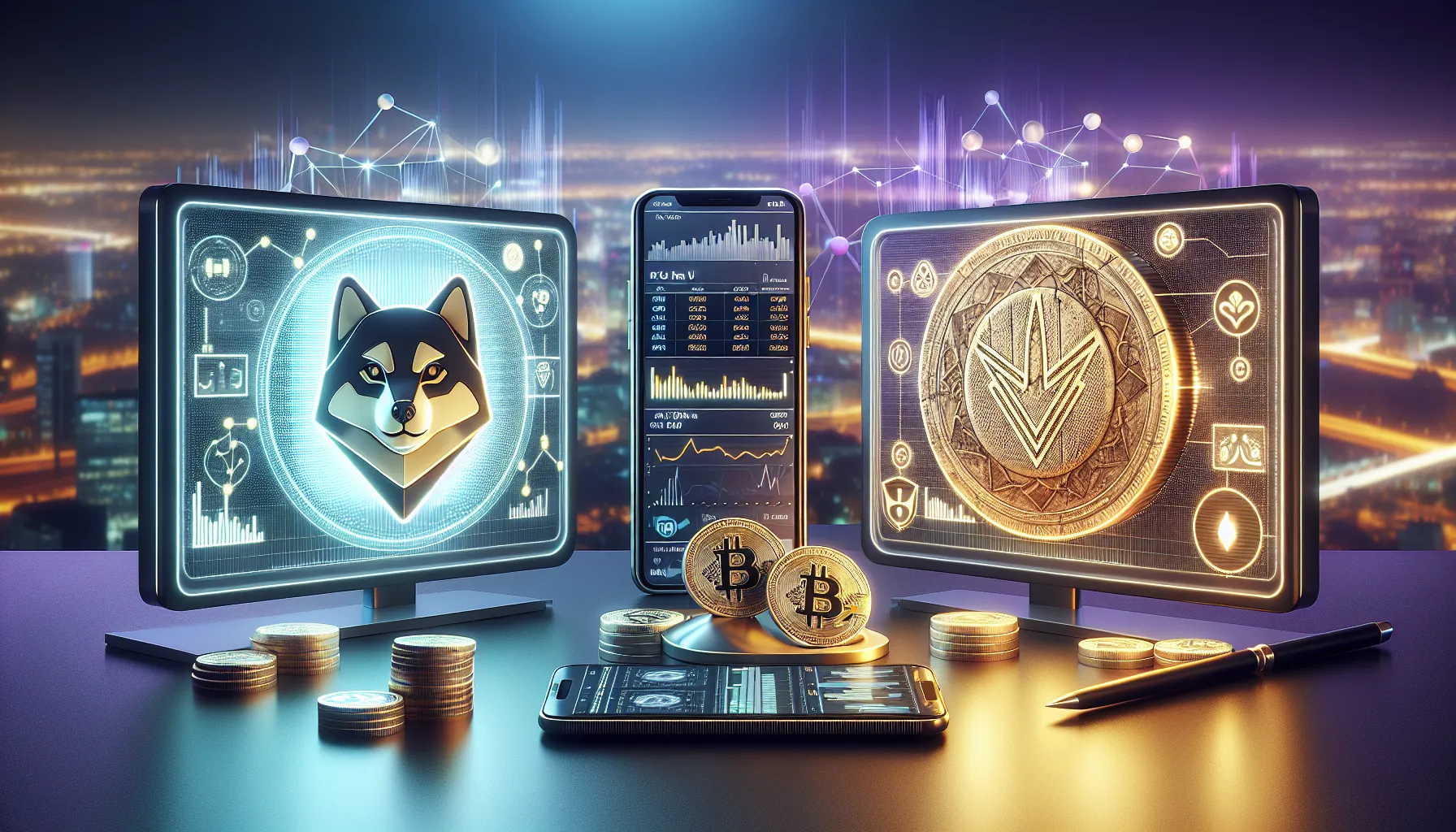 Split composition showing Shiba Inu and Floki Inu cryptocurrency emblems with trading charts and digital displays.