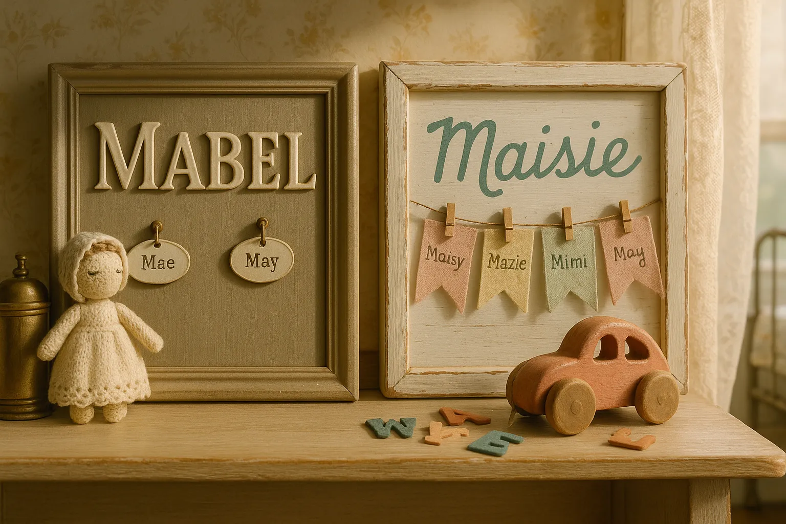 Two nursery name plaques “Mabel” and “Maisie” with nickname tags.