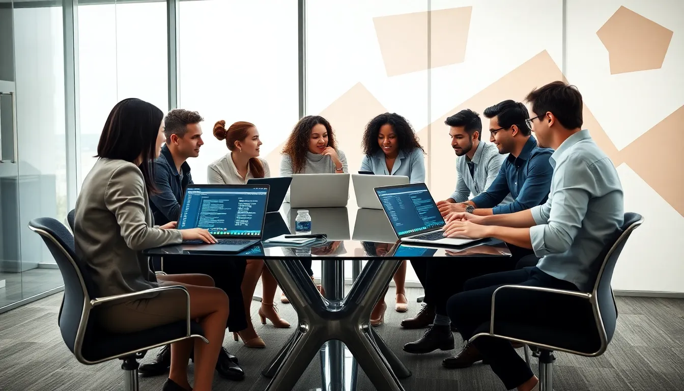 diverse team collaborating on DevOps in a modern office.
