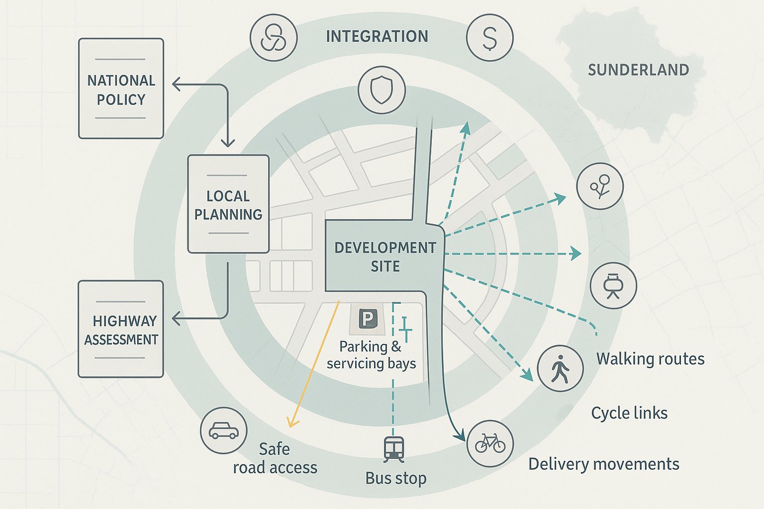 Infographic showing transport planning layers and site access in Sunderland.