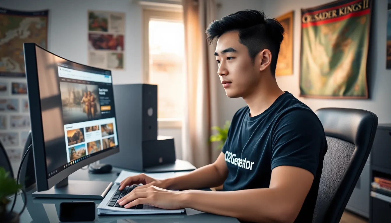 a young man using CK2Generator in a cozy home office.