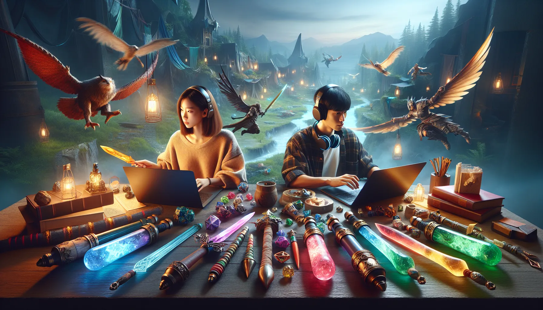 gamers discussing items in a vibrant fantasy gaming universe.