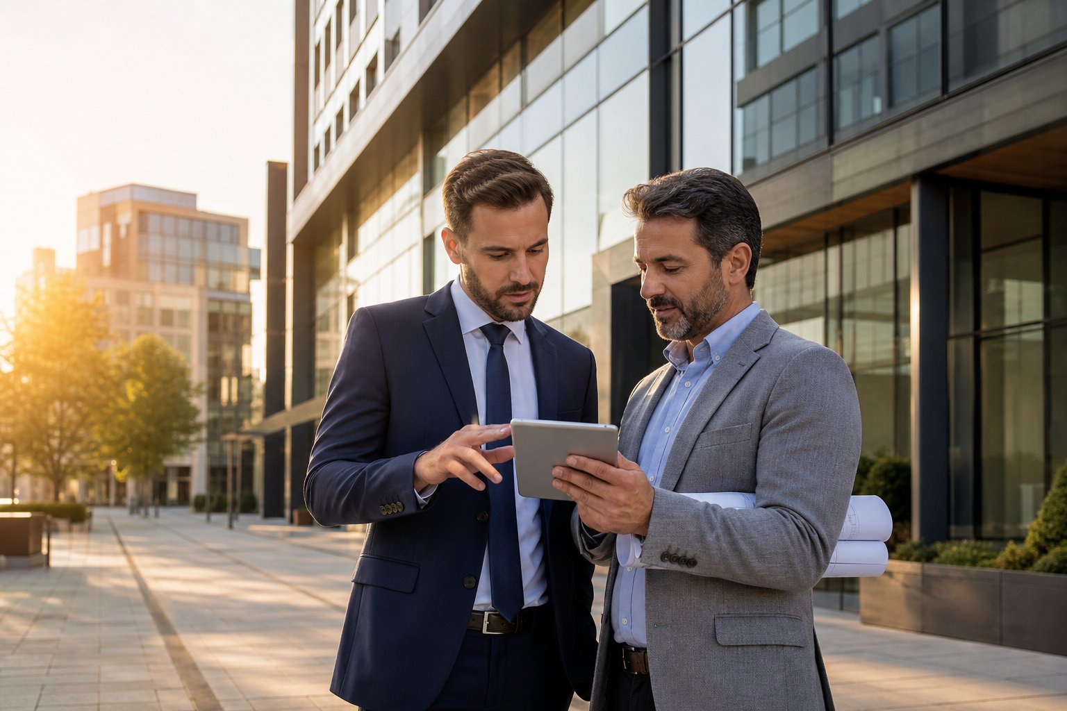 Commercial Mortgages In Haslingden 2 Mortgage advisor and business owner reviewing plans on a tablet outside modern commercial buildings at golden hour.