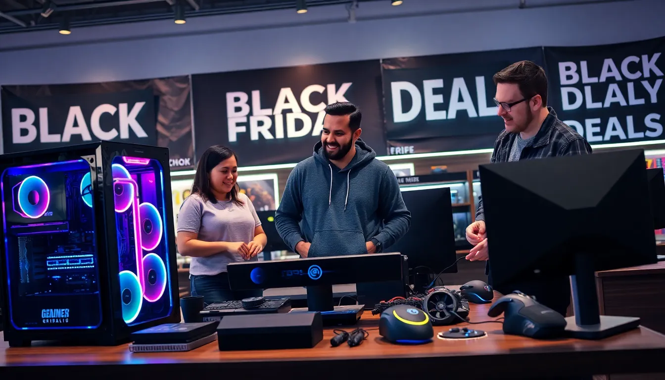 group discussing gaming gear during Black Friday sales.