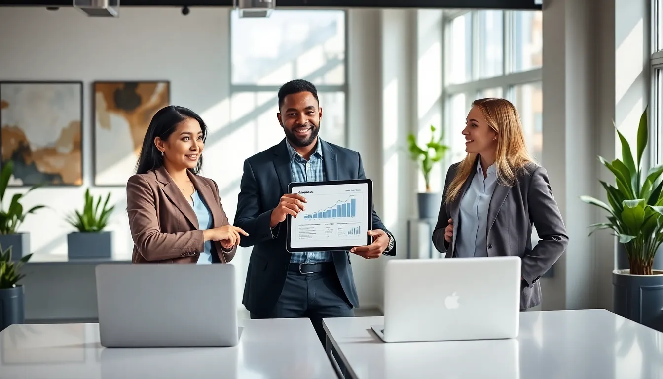diverse team discussing entrepreneurship in a modern workspace.