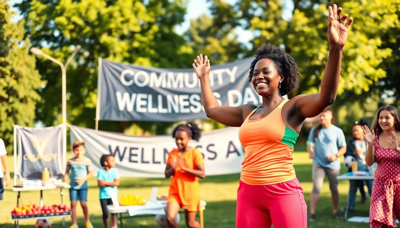 a diverse community gathering promoting health and wellness in a park.