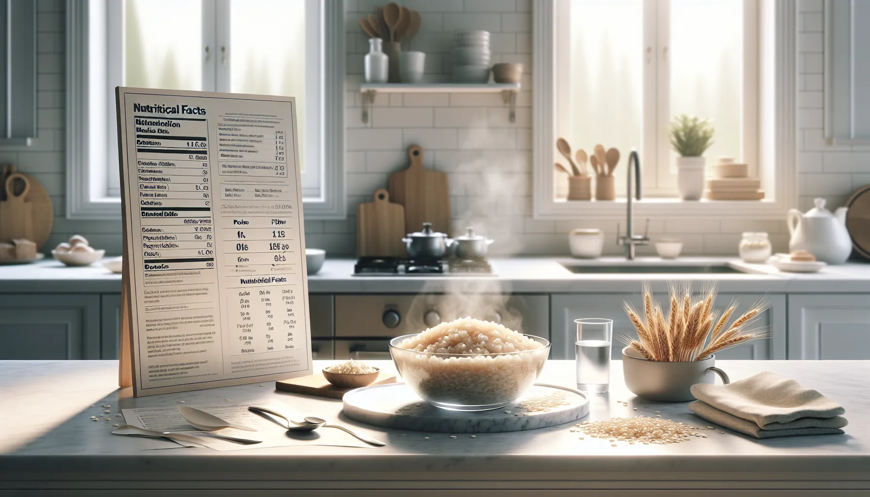 Steaming bowl of barley porridge and nutrition chart on a modern counter.