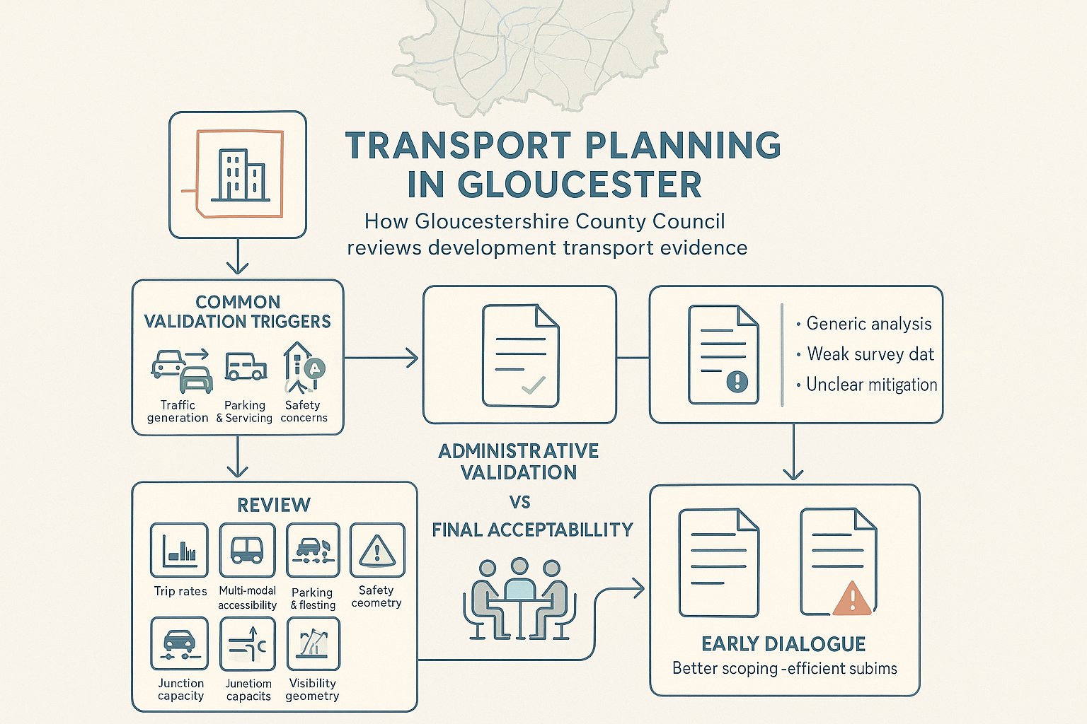 Infographic showing Gloucester transport planning review stages and common validation triggers.