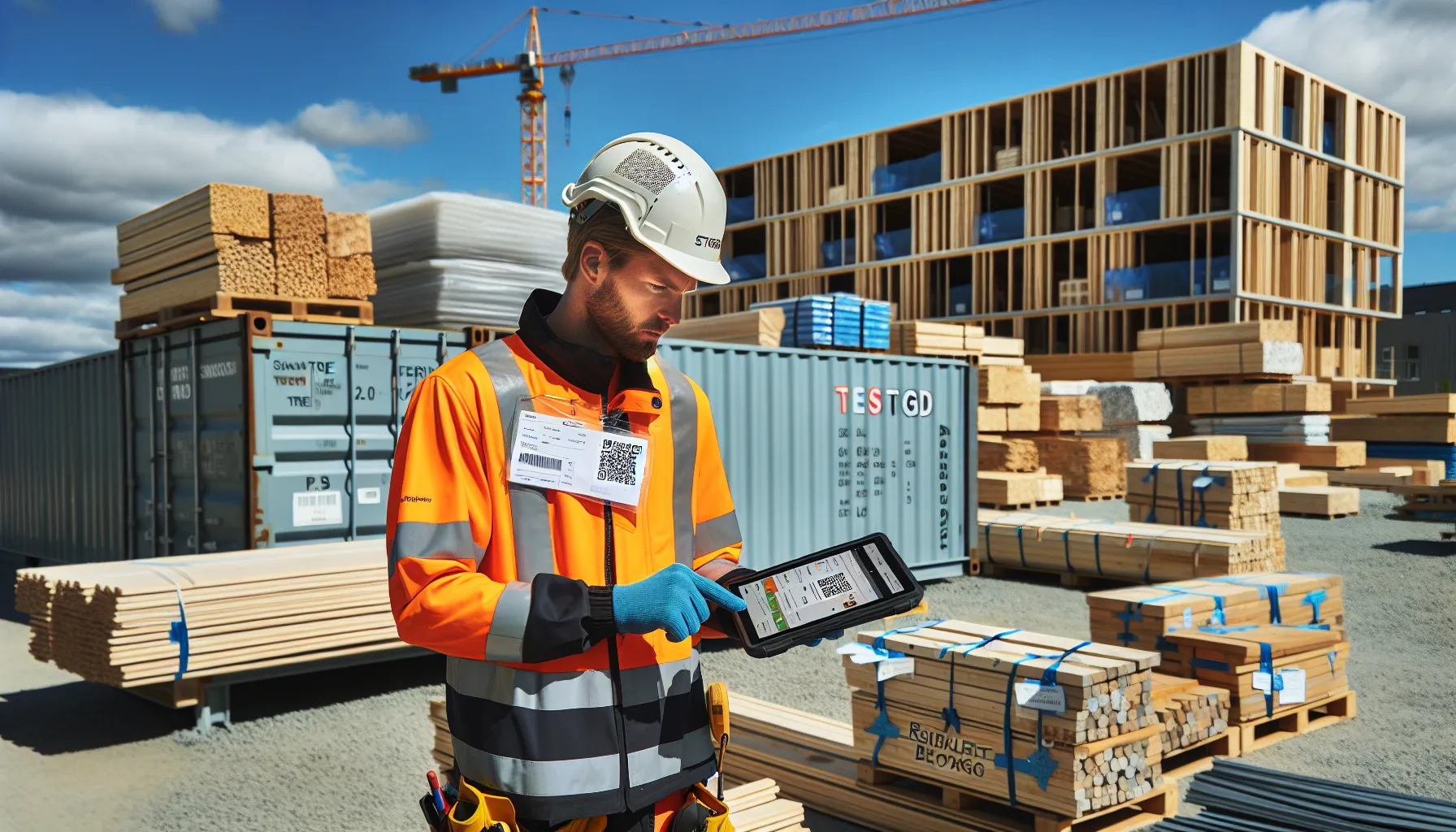 Engineer scans tagged recycled materials at a norwegian construction site.