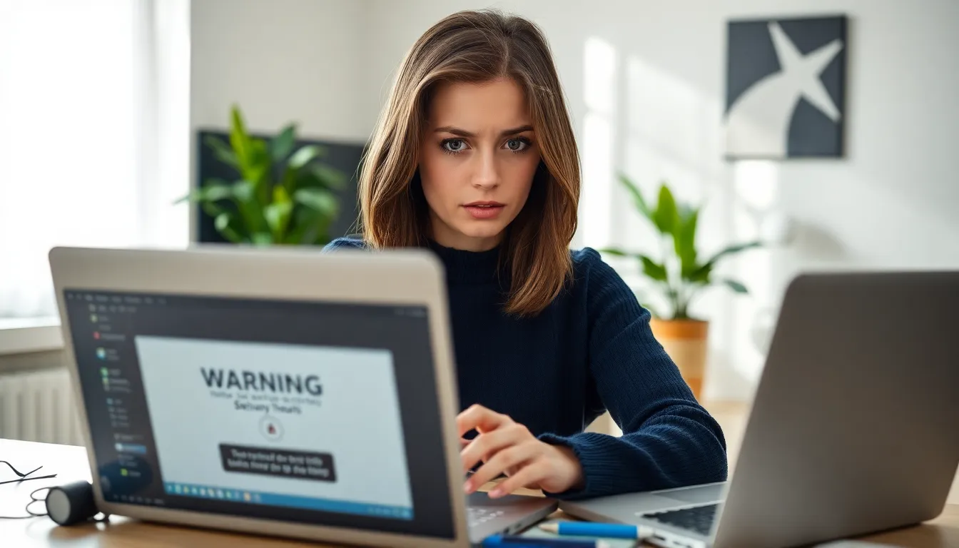 a woman concerned about online privacy at her desk with digital devices.