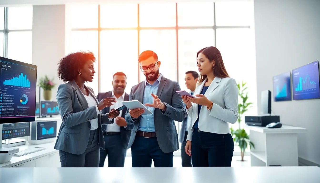 diverse team collaborating on technology in a modern office setting.