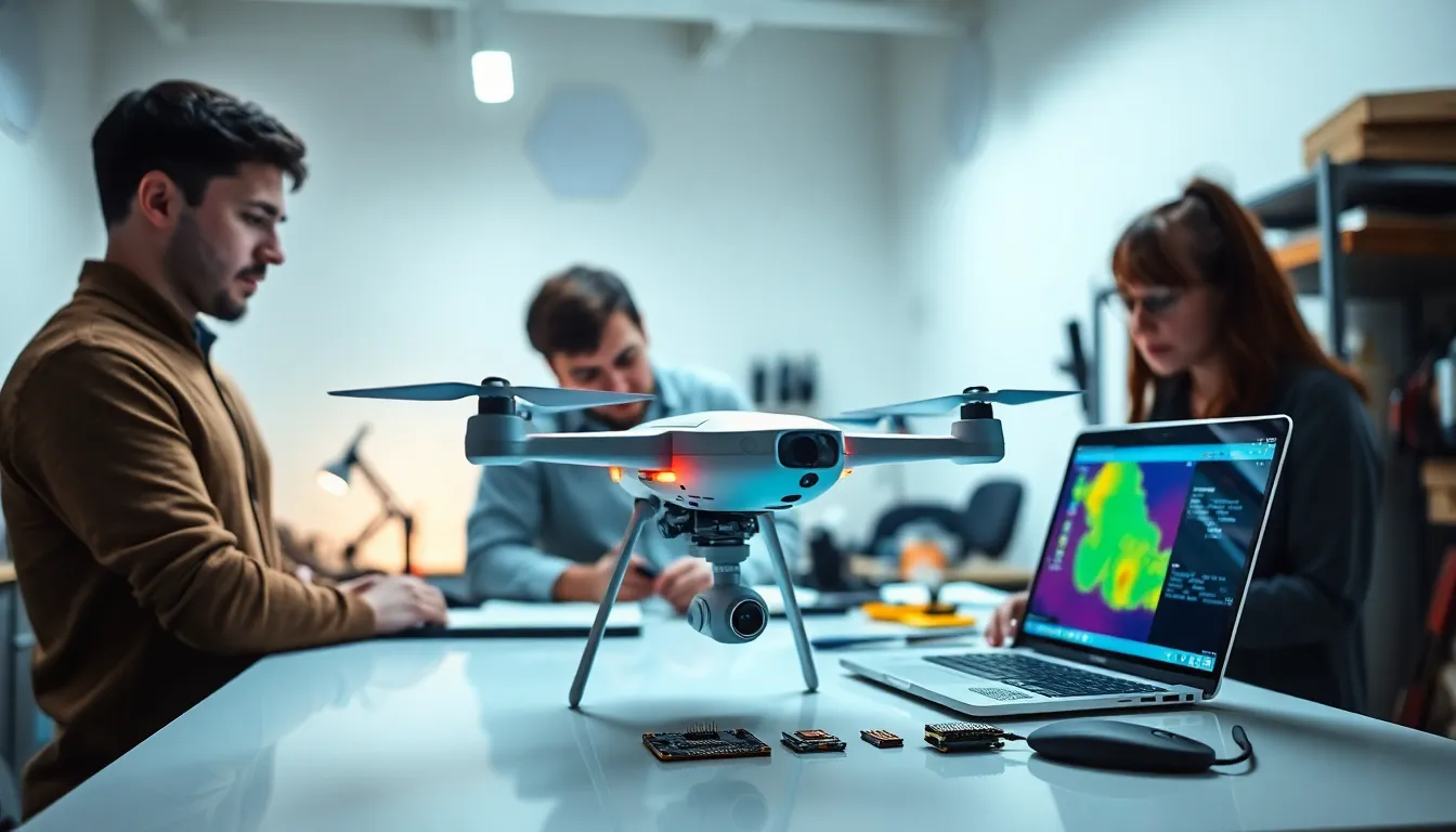 diverse team examining a Raspberry Pi Zero thermal drone in a modern workspace.