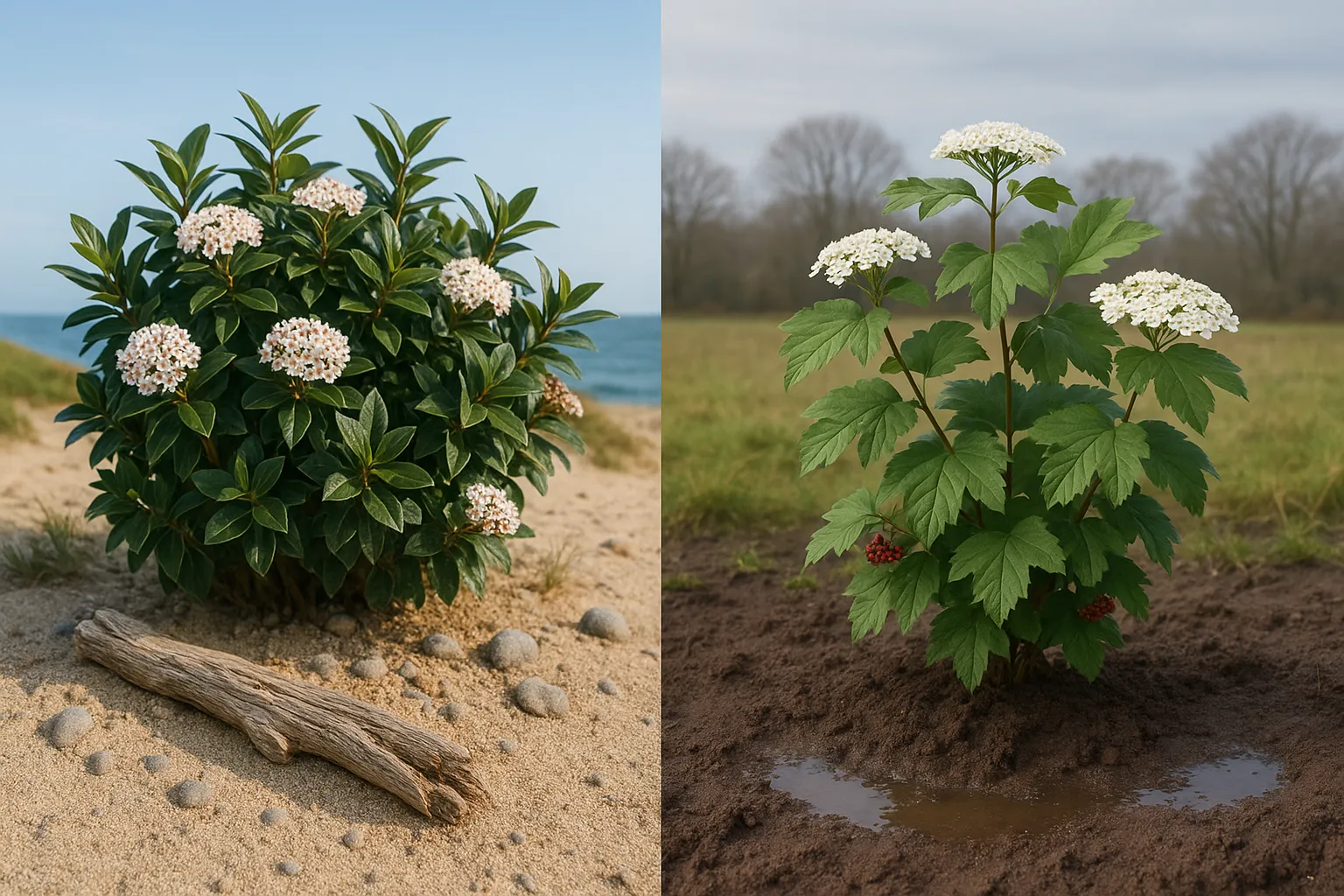 Side-by-side Viburnum tinus and Viburnum opulus in contrasting coastal and inland soils.