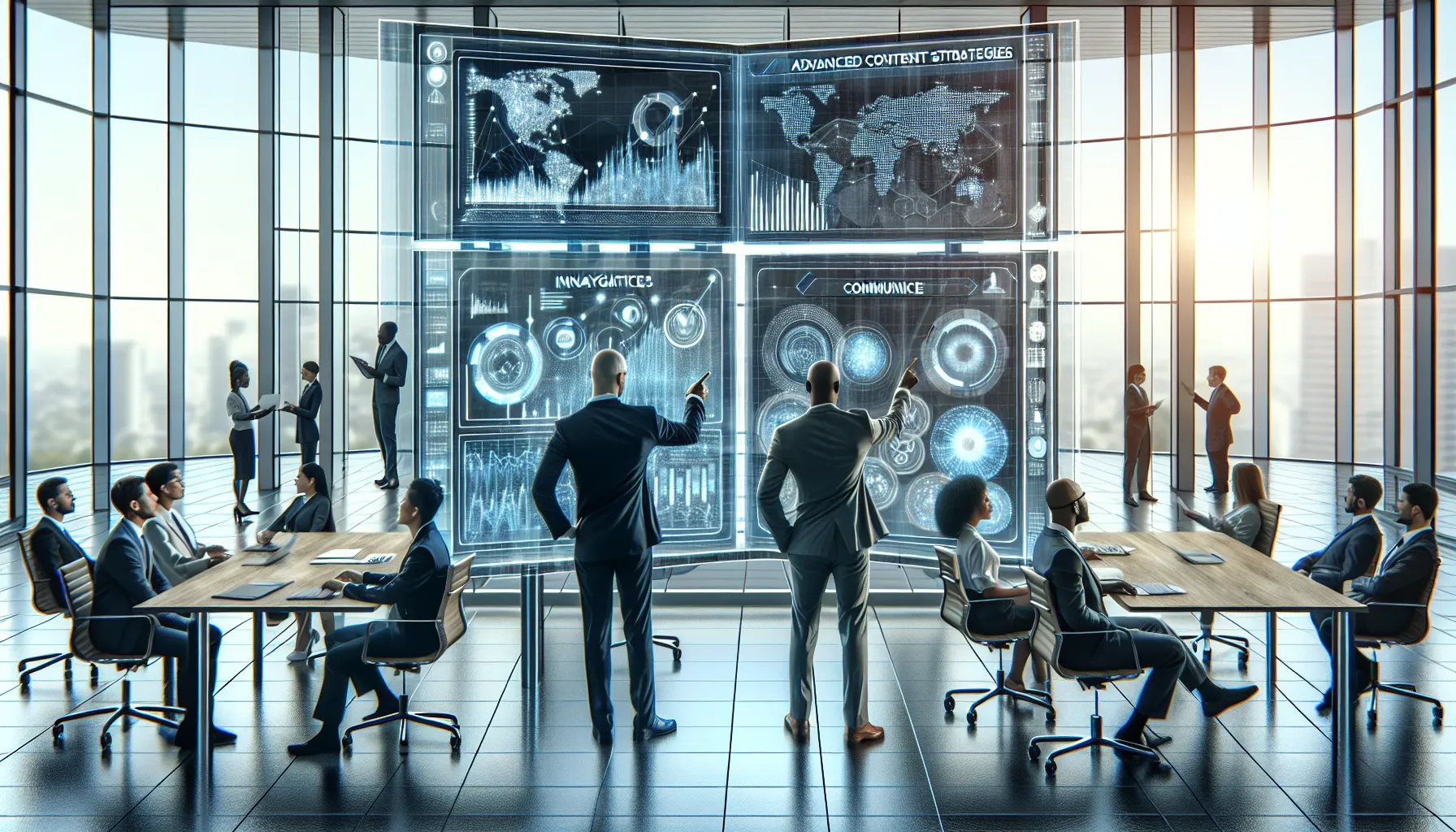 diverse team discussing digital content strategies in a modern workspace.