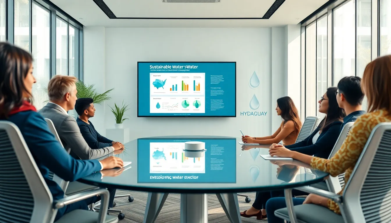 diverse team discussing sustainable water management in a modern office.