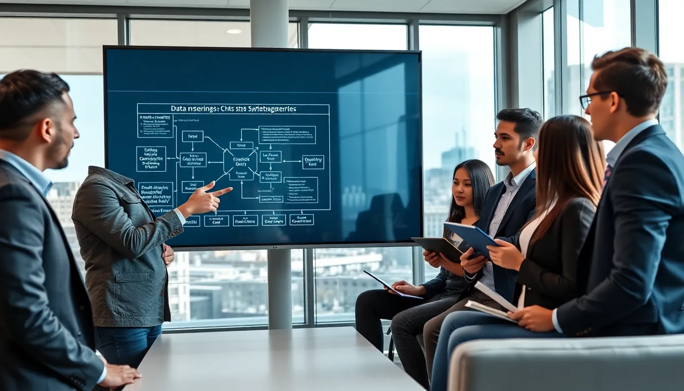 diverse professionals discussing data encoding in a modern conference room.
