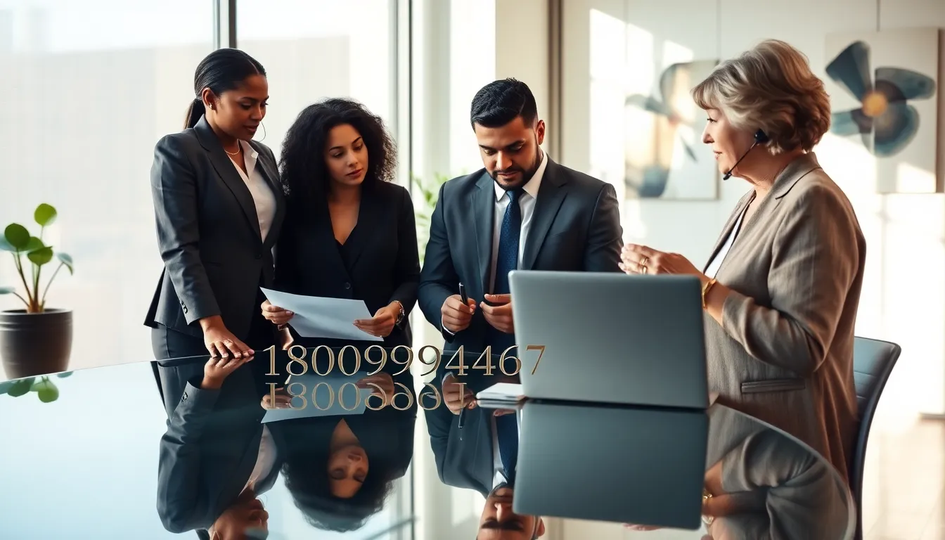 Professionals discussing toll-free number in a modern office.