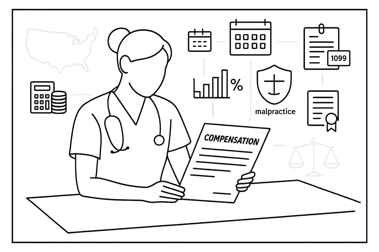 Nurse practitioner reviewing a compensation contract surrounded by payment and billing icons.