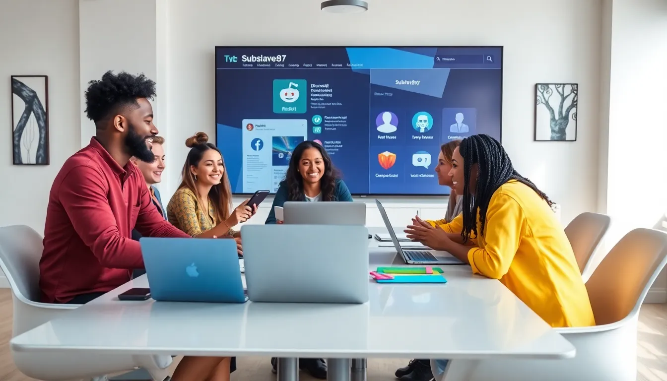 diverse group collaborating in a modern office, discussing Subslave87.