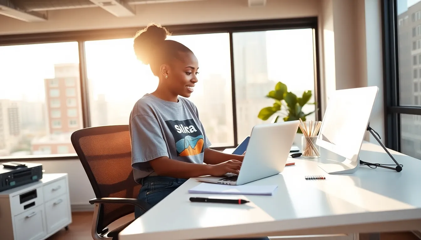 A young woman working on a digital magazine in a modern urban office.