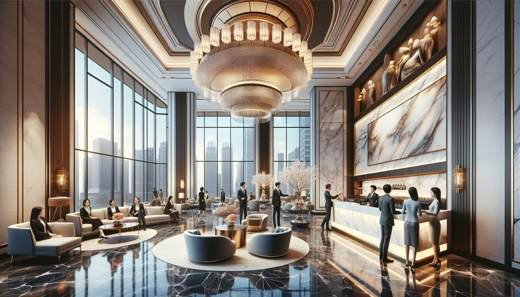 luxurious hotel lobby with diverse guests and elegant decor.