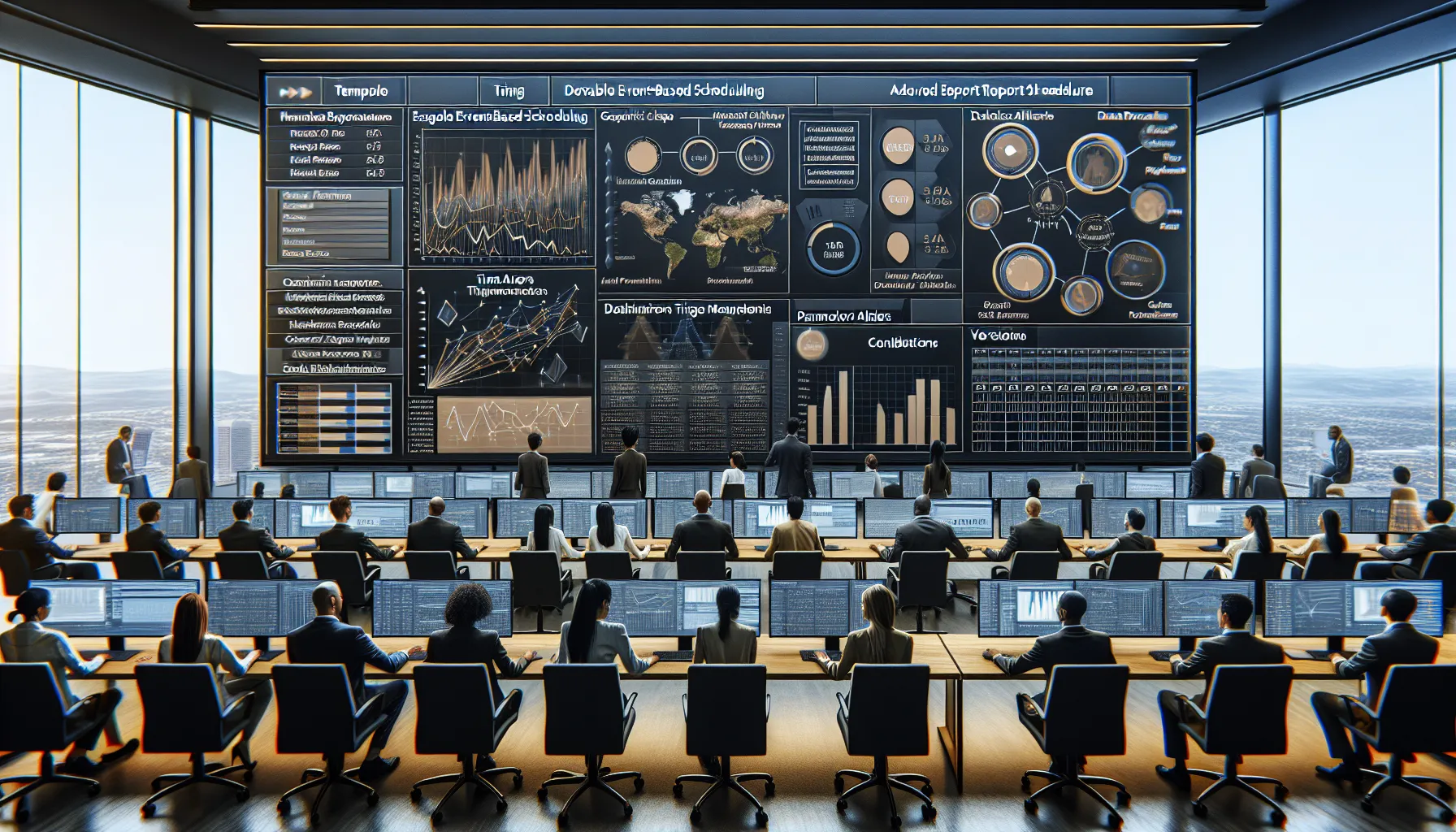 Analytics team configuring an advanced Tableau report scheduler in a modern office.