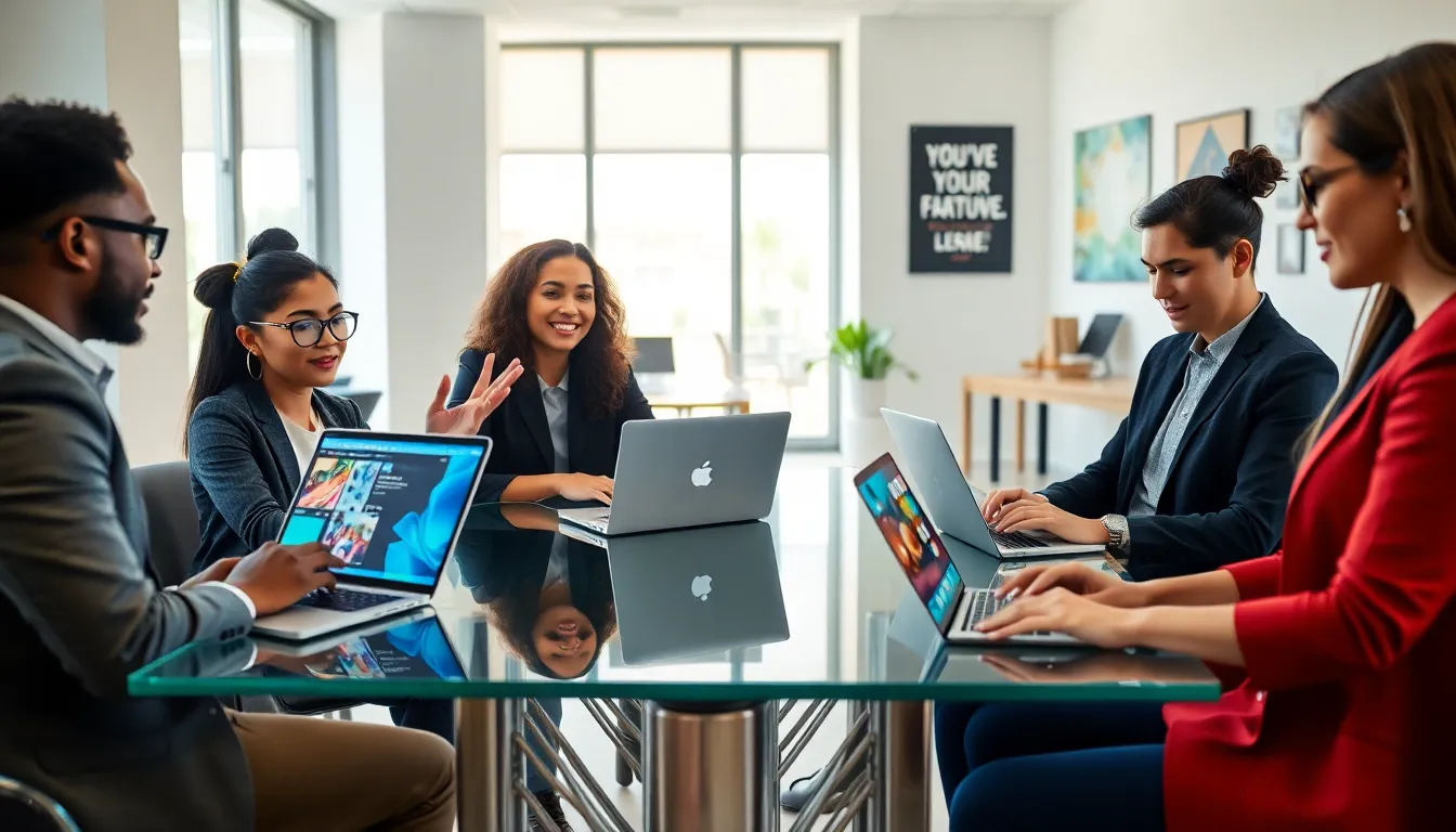 diverse content creators collaborating in a modern office setting.