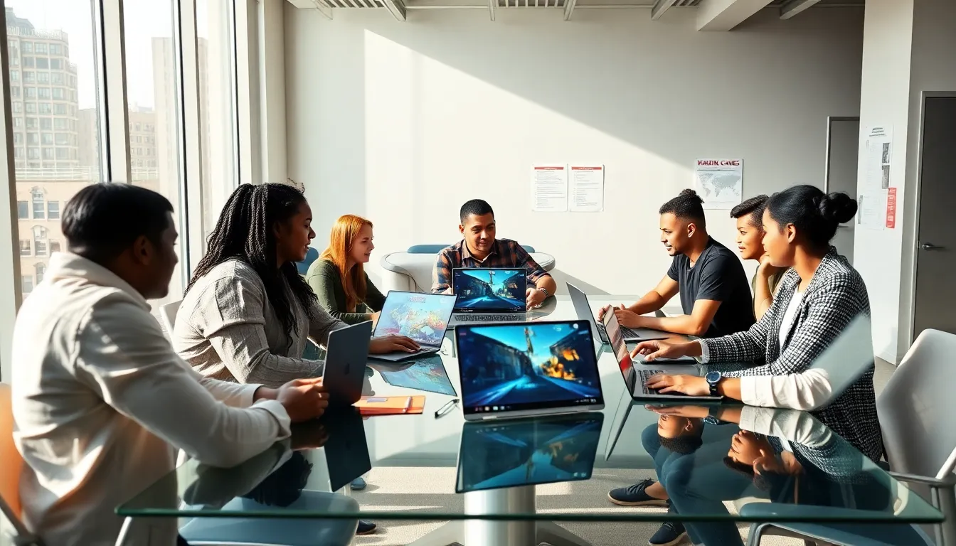 diverse game developers collaborating in a modern office setting.