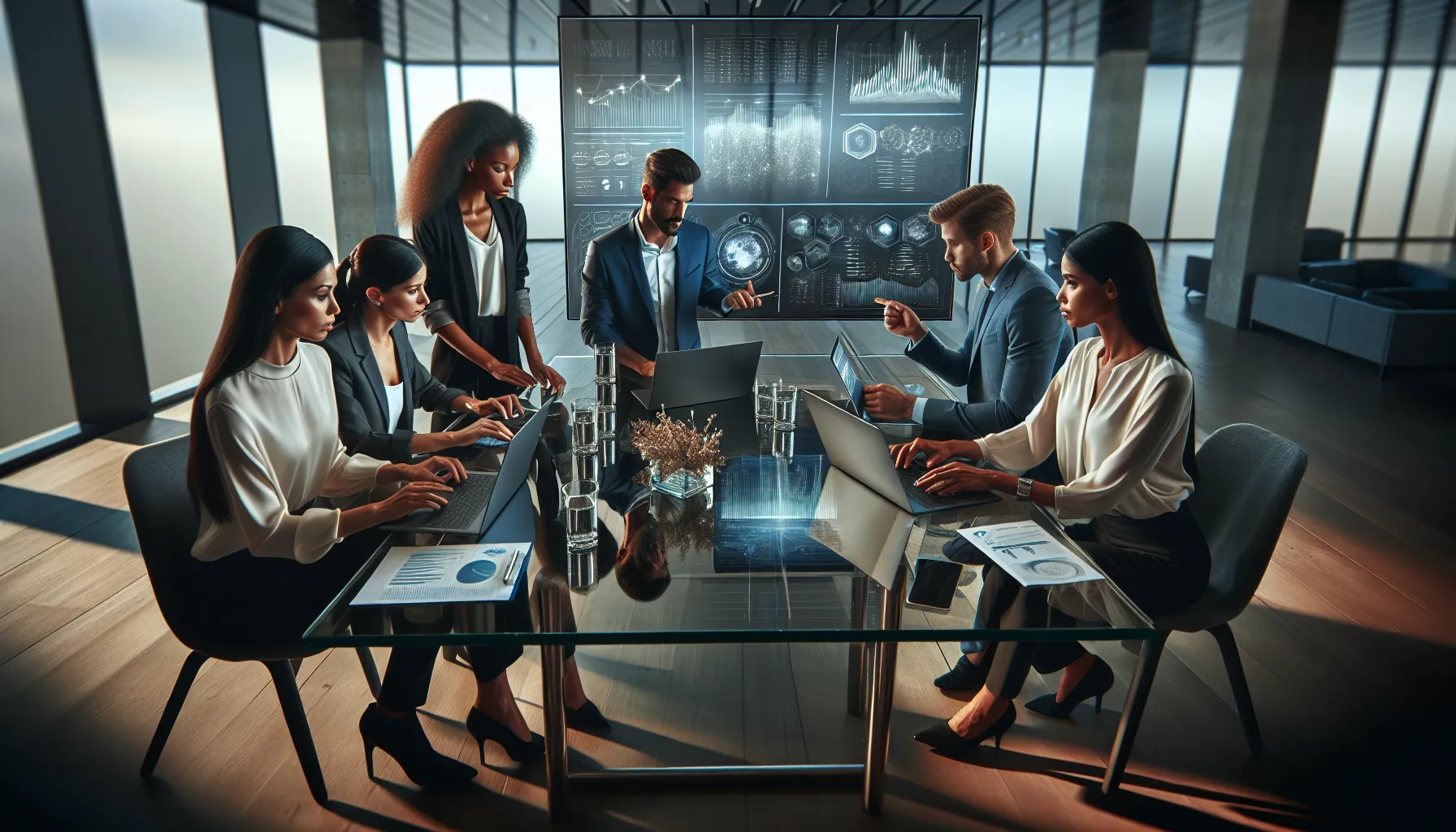 team analyzing data in a modern office setting.