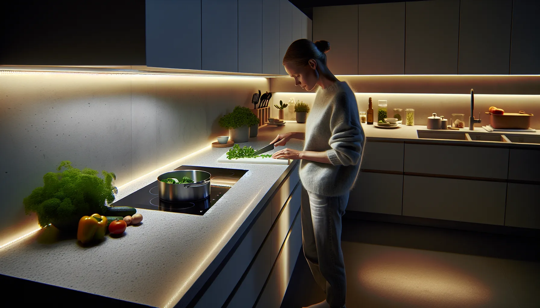 Norwegian kitchen with warm under-cabinet lighting illuminating a countertop during cooking.