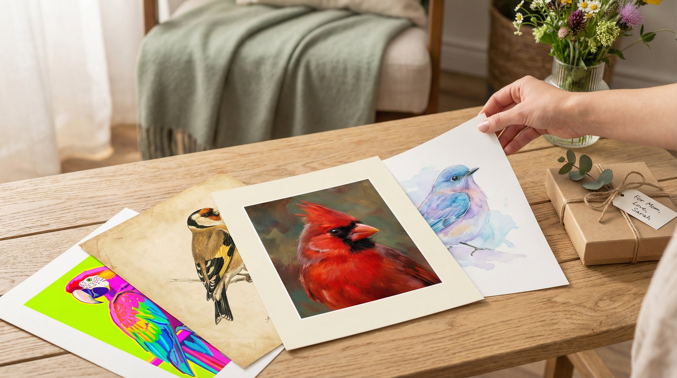 Various bird portrait art prints in different styles arranged as gift options on a table.