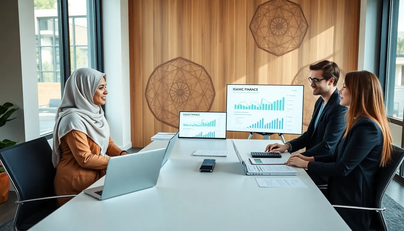 diverse professionals discussing Islamic finance principles in a modern office.