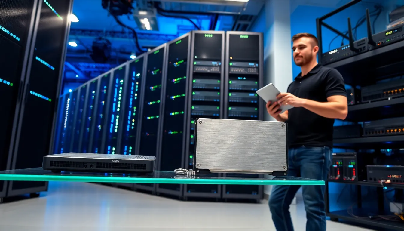 a technician monitoring high-performance servers in a modern server room.