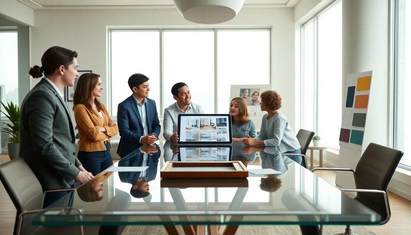 designers discussing home renovation plans with a family.