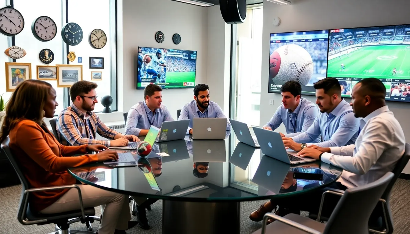 diverse sports journalists collaborating in a modern office setting.