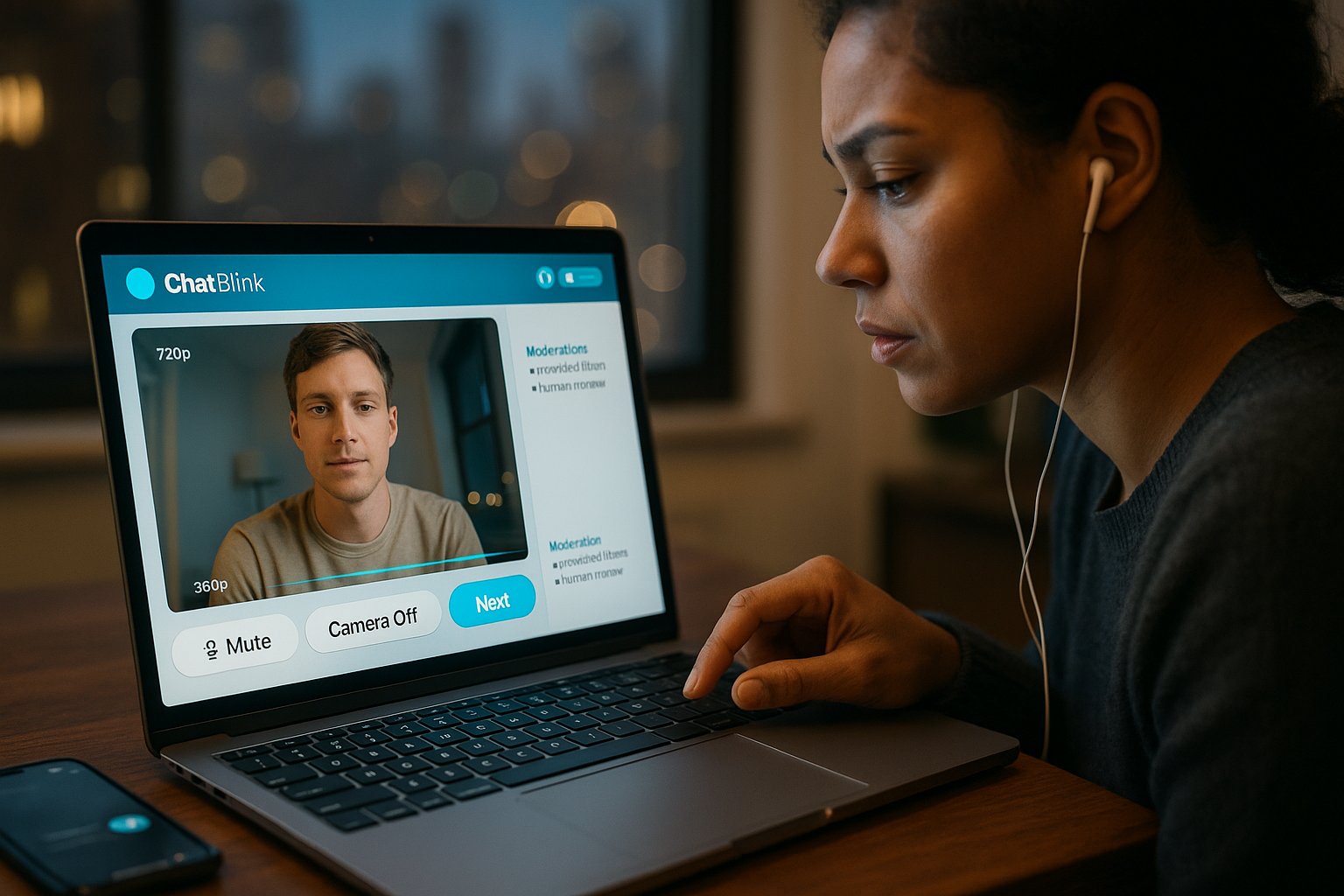 User at laptop reviewing ChatBlink video call UI with report and privacy icons.