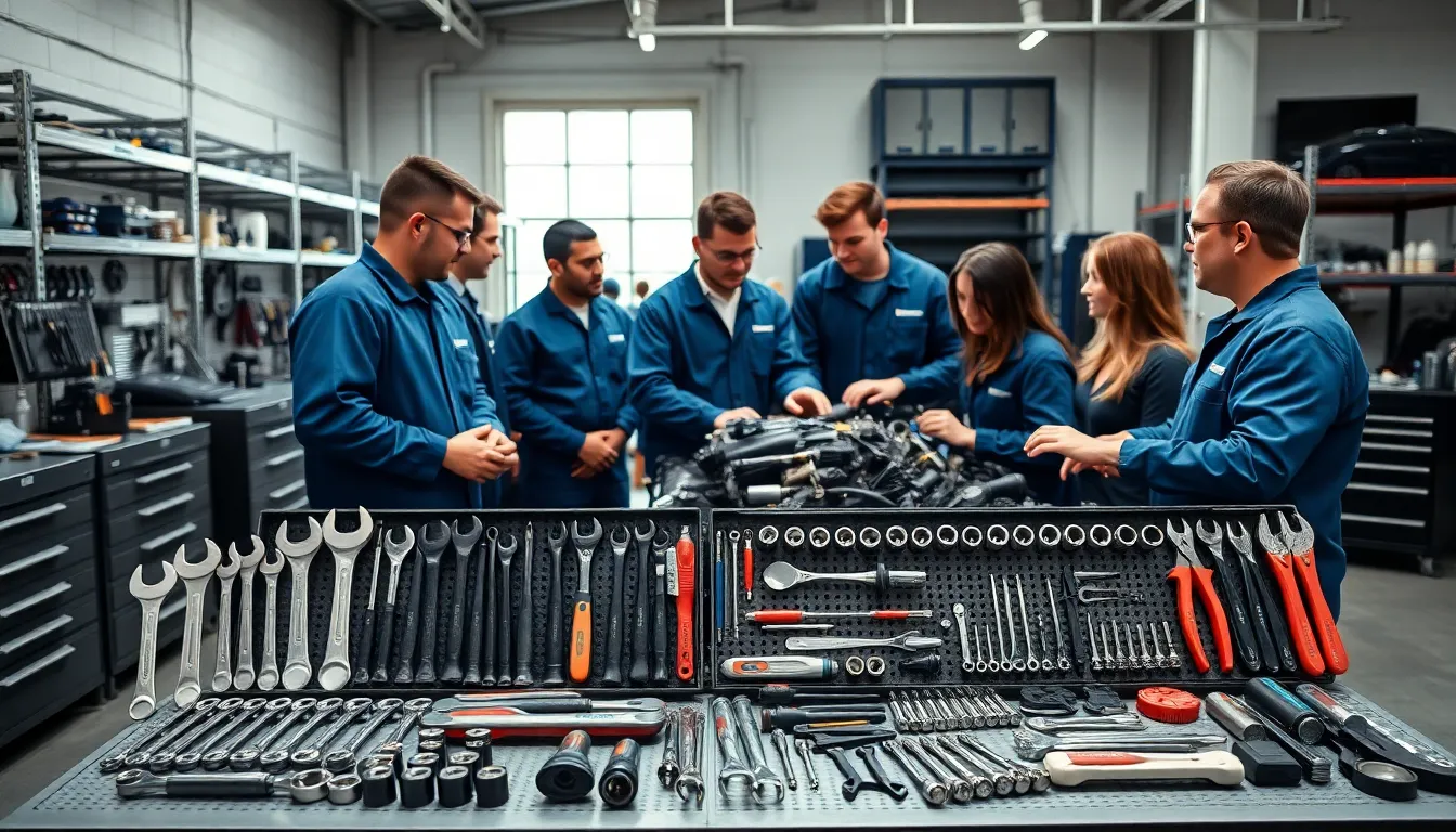 diverse mechanics using hand tools in a modern automobile workshop.