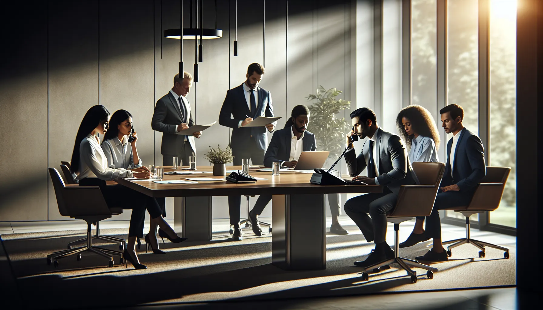 diverse team discussing phone service options in a modern office.