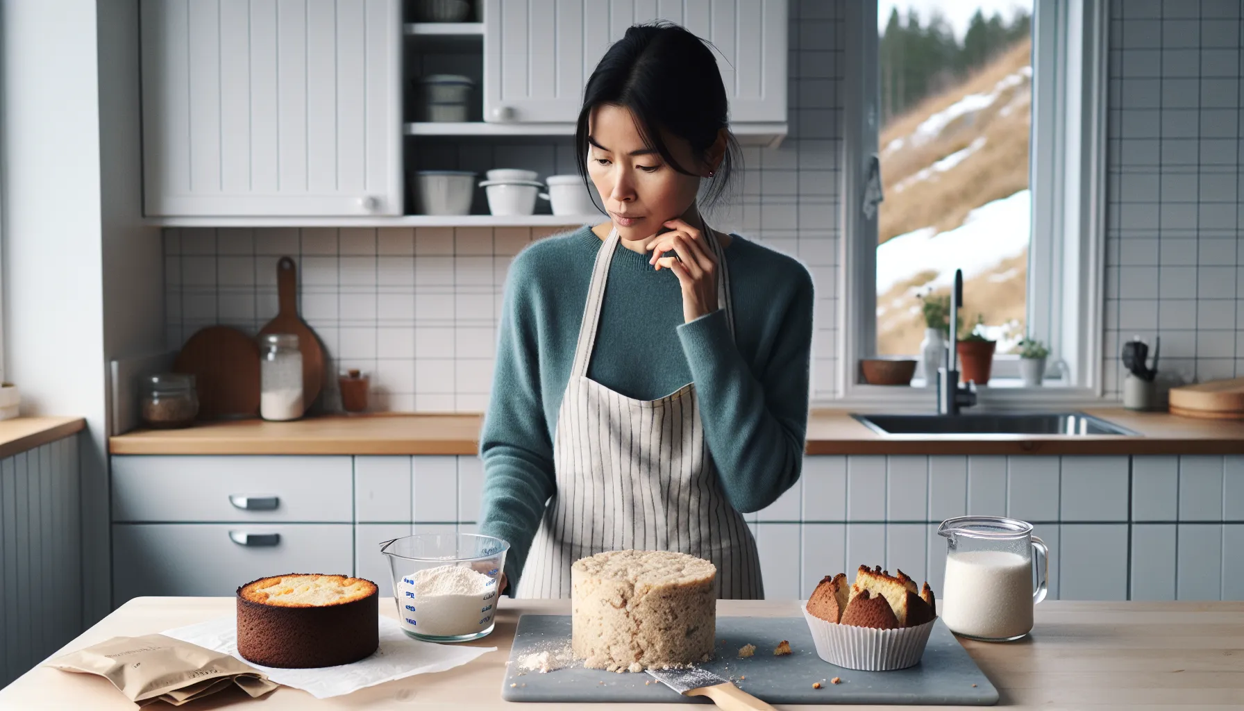 Norwegian home baker comparing a dry gluten-free cake with a moist, successful one.