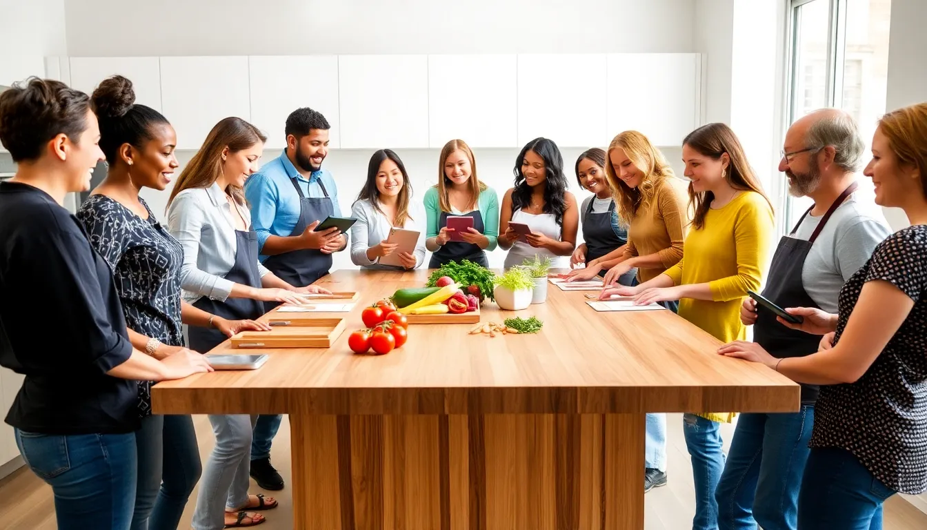 diverse food enthusiasts cooking and sharing recipes in a modern kitchen.