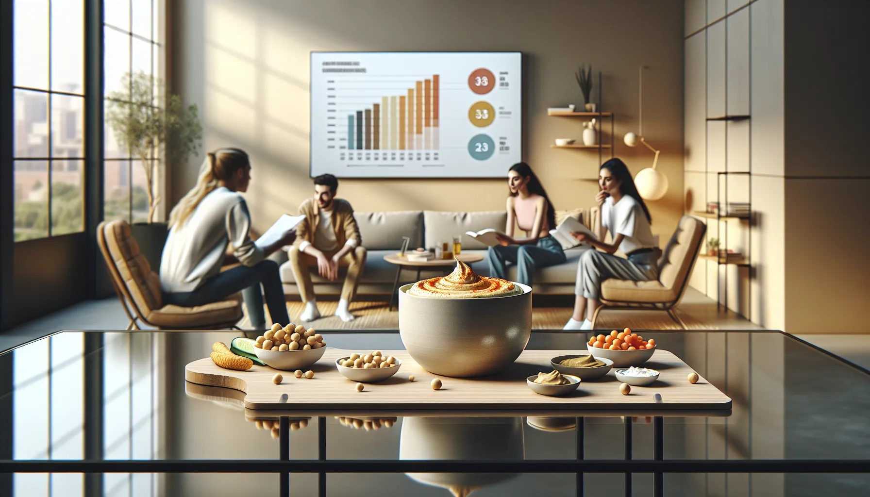 Hummus bowl, nutrition chart, and students snacking in a modern kitchen.