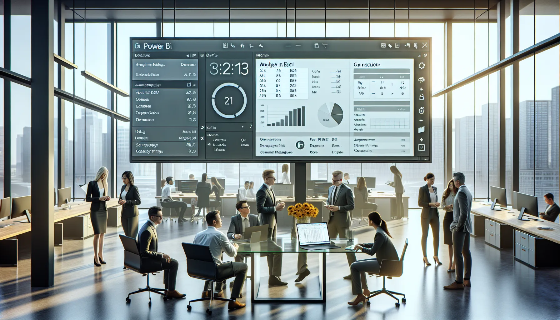IT team reviewing Power BI and Excel screens to resolve greyed out Analyze feature.