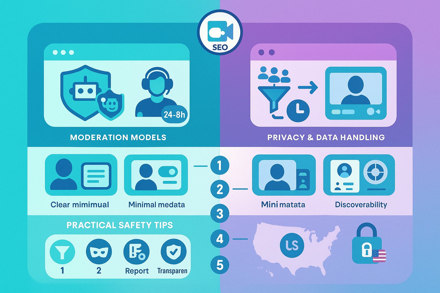 Side-by-side infographic comparing safety and privacy practices of two video chat platforms.