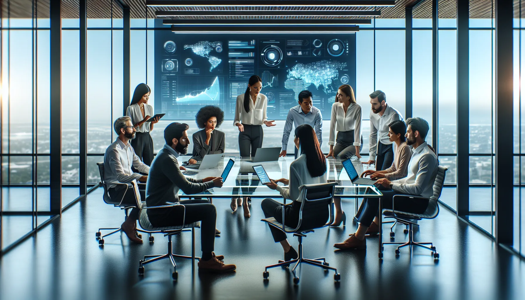 diverse team collaborating on data analysis in a modern office.