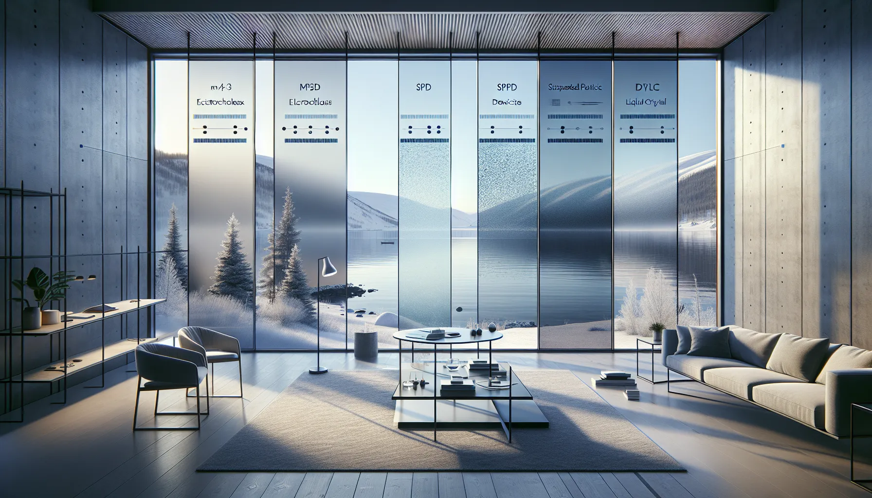 Norwegian office with multi-panel smartglass showing tint, spd, and pdlc modes.