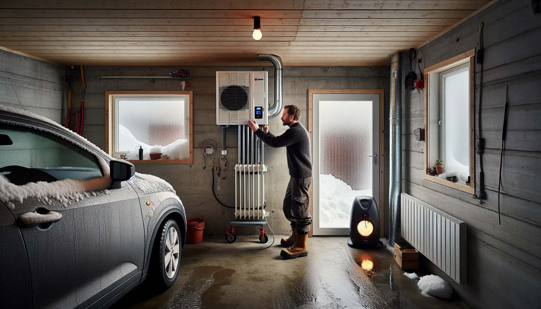 Norwegian man using a heat pump to efficiently heat a winter garage.