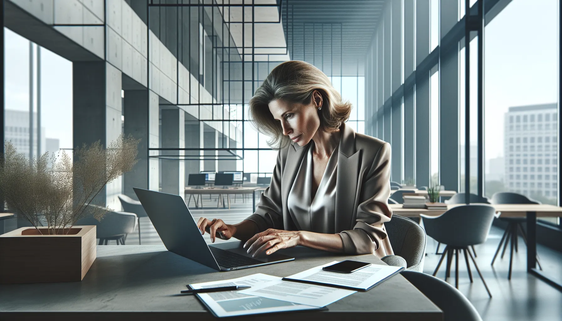 woman researching phone number in a modern office.