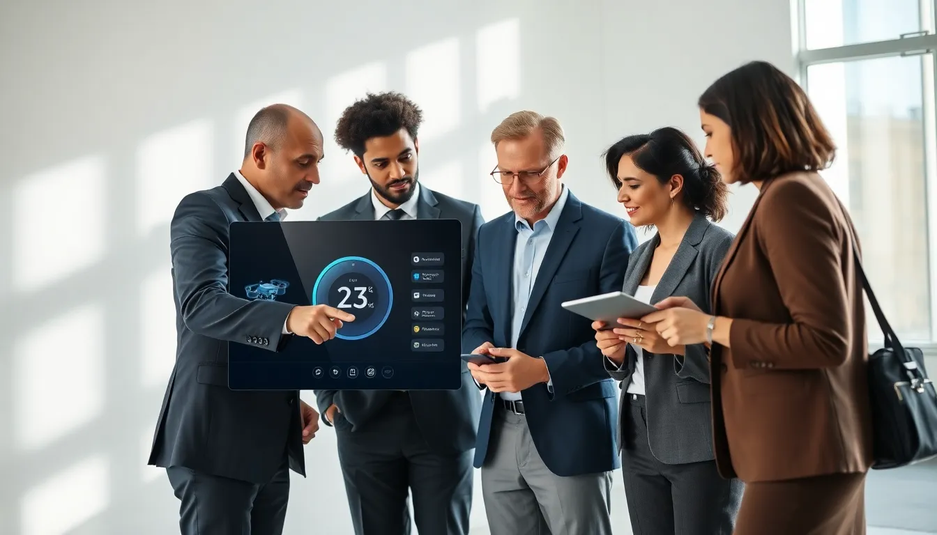team discussing automated devices in a modern office.