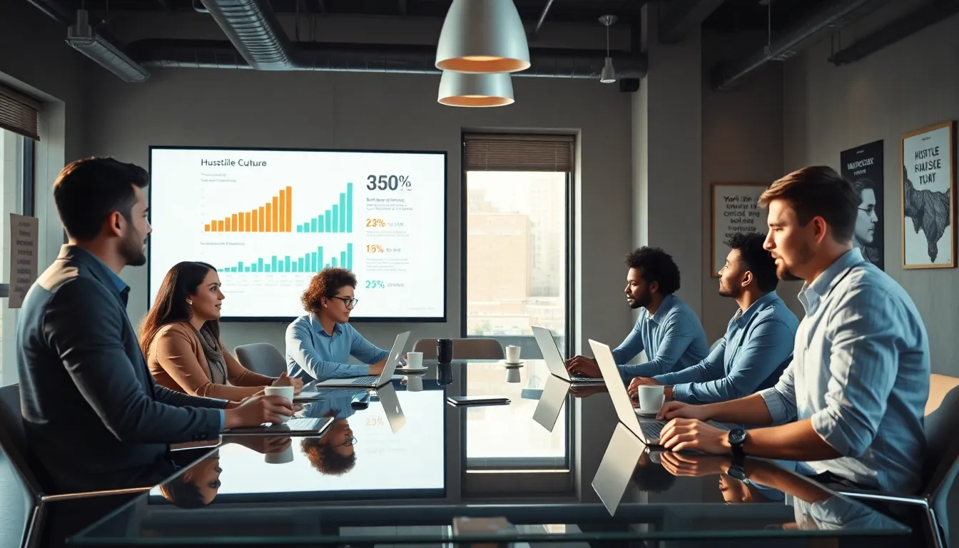 diverse team in a modern office discussing hustle culture.