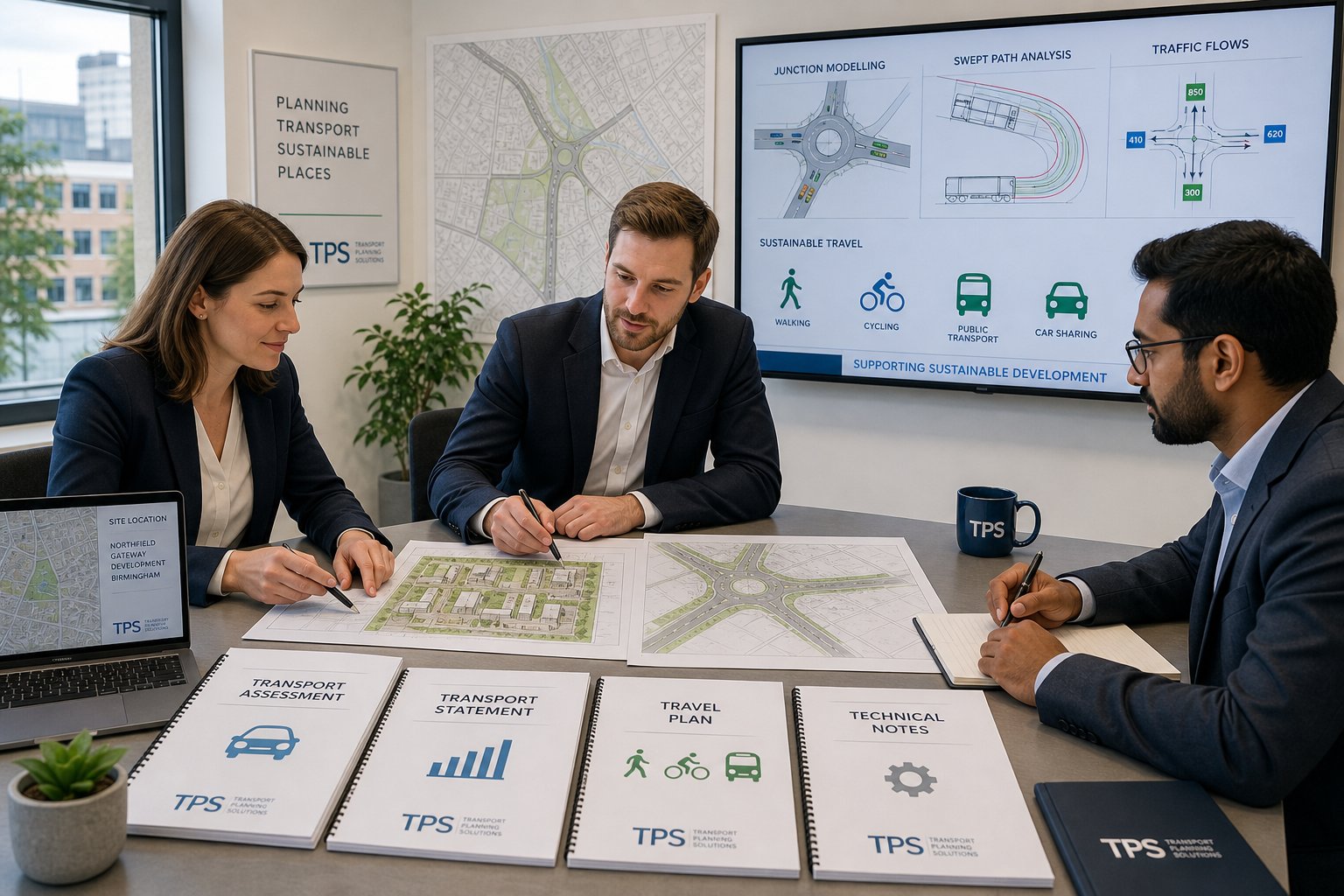 UK consultants reviewing transport planning reports and traffic analysis in an office.